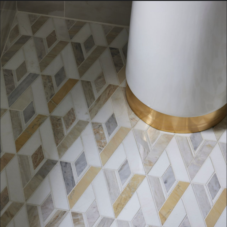 Diamond Tile installation from the Tile Shop - gorgeous gold grey and white tile in a bathroom renovation in an Arizona Luxury Home Remodel
